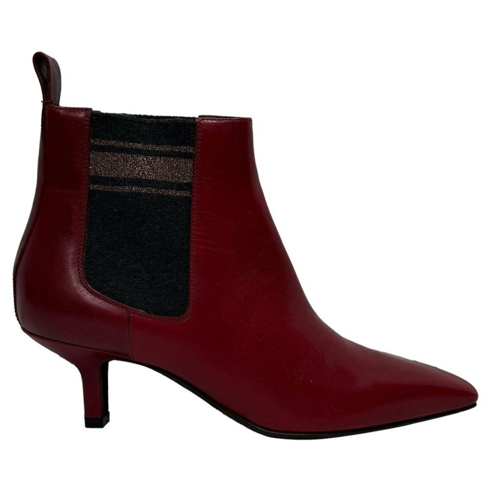 Brunello Cucinelli Chelsea Kitten-Heeled Ankle Boots in Burgundy Leather